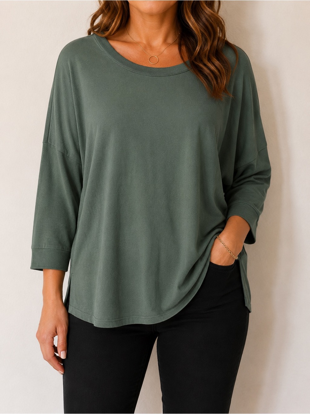 Felina Olive Green Relaxed Crewneck Long Sleeve Top